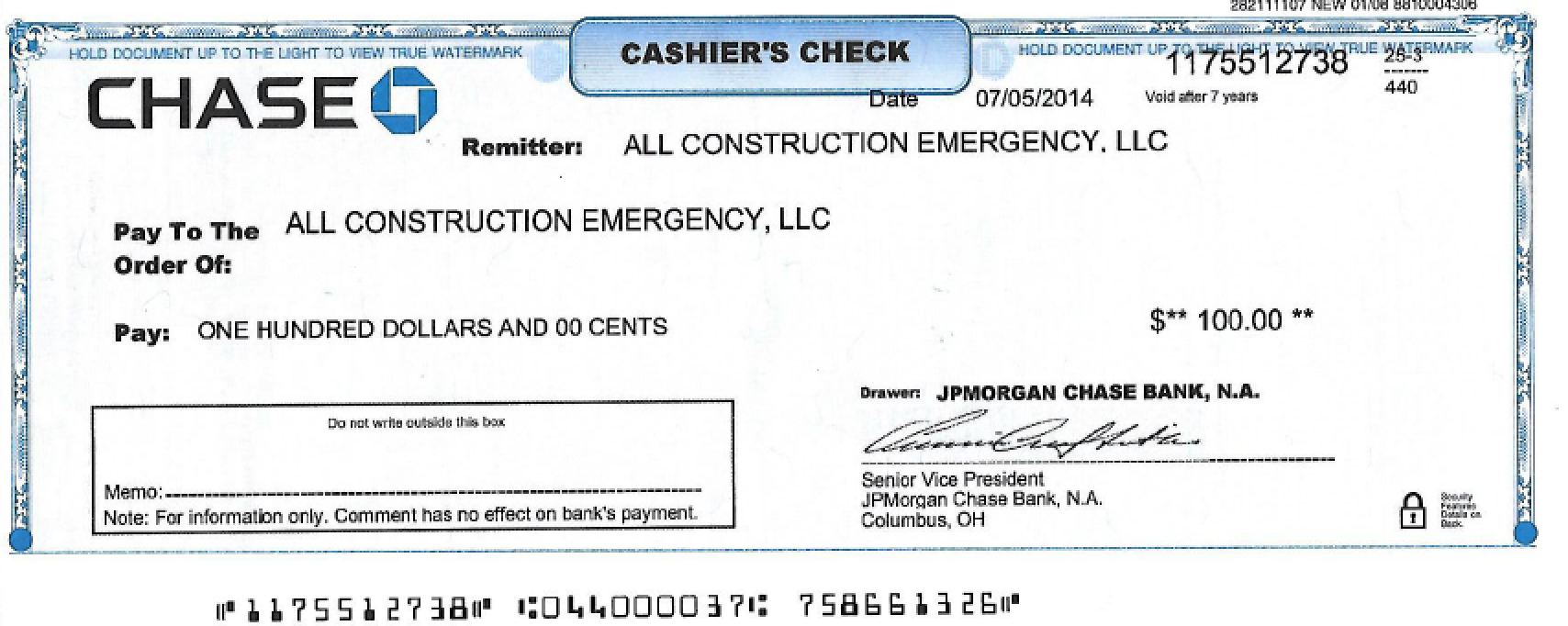 Chase Bank Cashier S Check 2377 åŒ—ç¾Žç‰§ç¾Šåœº