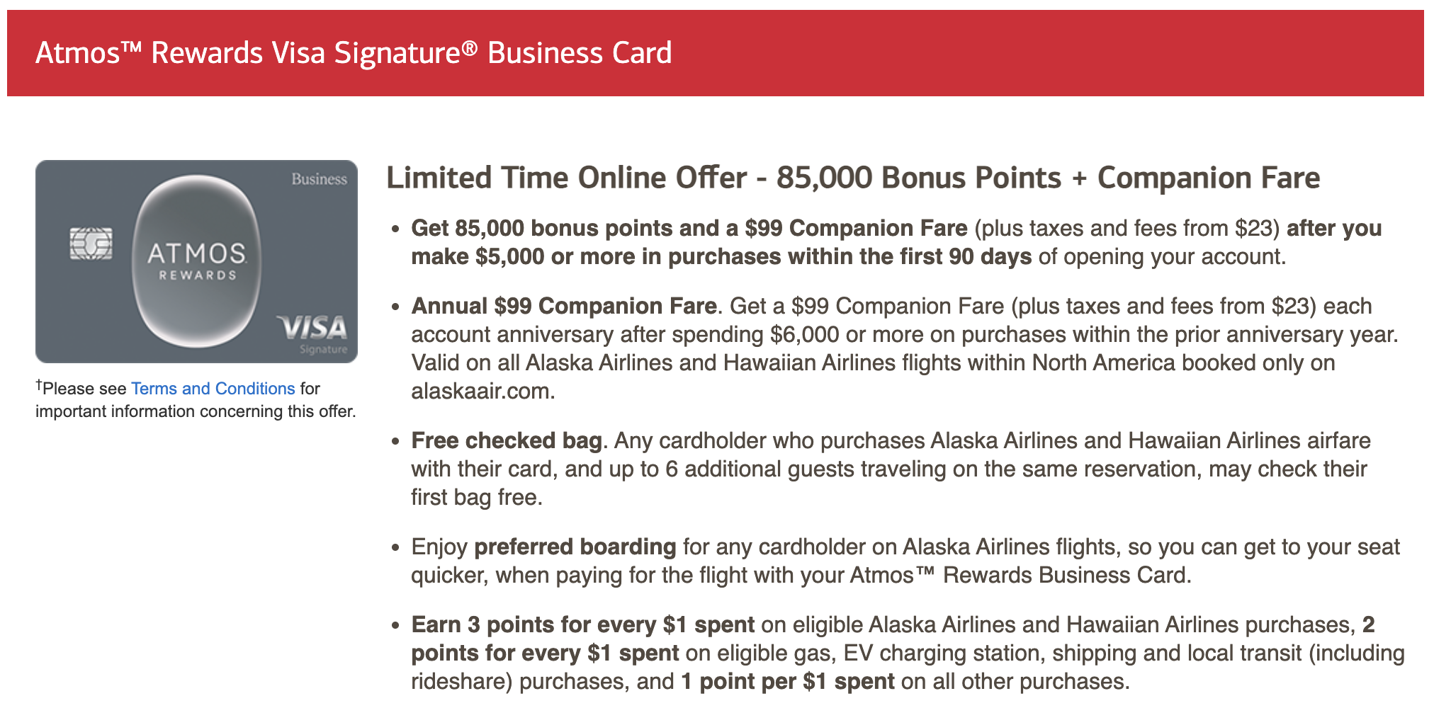 Bank of America Atmos Rewards 商务卡– 消费$5,000 得85,000 Alaska 积分+ Companion  Fare – 北美牧羊场